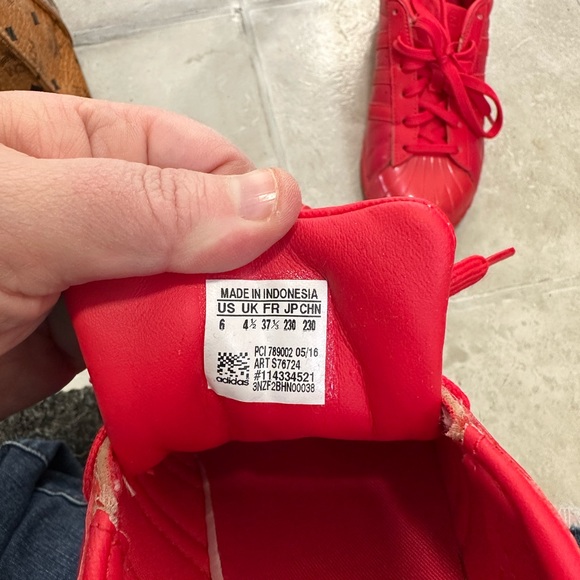 Bright Red Adidas Superstar shoes. - Picture 4 of 4